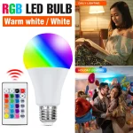 Ampoule LED RGB E27, 16 couleurs, télécommande IR à intensité variable, lampe à changement de couleur pour décoration d&rsquo;ambiance de fête à domicile, 5W 10W 15W 20W 25W