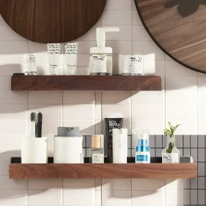 Étagère de salle de bain, support de rangement sans poinçon, étagères de salle de bain en bois massif, étagère murale en bois sans poinçon, organisateur de toilettes