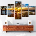 Cadre de décoration de maison moderne, art mural sur toile pour salon, beau lever de soleil, paysage naturel, image de peinture HD, 5 panneaux