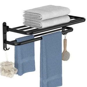 Porte-serviettes mural en aluminium noir, 40-60CM, accessoires de salle de bains, organisateur pliable avec crochet, cintre de douche