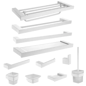 ensemble mural accessoires salle bain blanc inoxydable acier compact moderne profil carré lignes angulaires verre dépoli montage vissage entretien facile