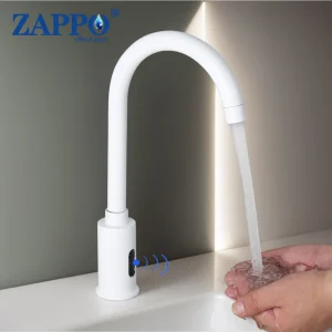 ZAPPO robinet de lavabo à capteur intelligent mélangeur d’eau chaude et froide monté sur le pont mains automatiques robinet à capteur sans contact blanc/or ZAPPO robinet de lavabo à capteur intelligent mélangeur d’eau chaude et froide monté sur le pont mains automatiques robinet à capteur sans contact blanc/or