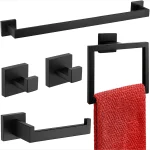 Ensemble de matériel de salle de bain  Accessoires  Acier inoxydable  Noir mat  Étagère  Patère  Cintre  Support de barre porte-serviettes  Porte-papier de soie