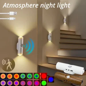 Veilleuses LED RGB à Double tête avec capteur de mouvement, lampe sous-meuble, chargeur USB, éclairage d&rsquo;ambiance magnétique pour chambre à coucher
