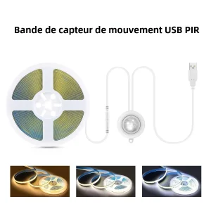 Bande lumineuse LED COB avec capteur de mouvement PIR intelligent, alimenté par USB 5V, temps de retard réglable, 20s-300s, fonctionne uniquement la nuit pour chambre à coucher