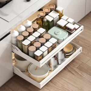 Panier d&rsquo;armoire de cuisine avec Rails coulissants, Type tiroir, bol, plat, boîte à épices, support de rangement, étagère évolutive, organisateur d&rsquo;armoires de salle de bain