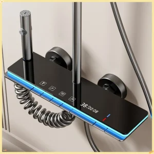 Système de douche gris avec lumière ambiante, ensemble de robinets de douche numérique intelligents, affichage de la température, ensemble de douche de salle de bains à pluie Système de douche gris avec lumière ambiante, ensemble de robinets de douche numérique intelligents, affichage de la température, ensemble de douche de salle de bains à pluie