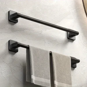 Barre porte serviettes murale acier inoxydable noir mat tubulaire supports carrés anguleux ensemble double minimaliste robuste anticorrosion antitraces compact autonome