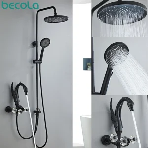 Robinet de douche doré de luxe, ensemble chaud et froid à double poignée, système de douche à pluie mural, salle de bains, mélangeur de douche, barre coulissante Robinet de douche doré de luxe, ensemble chaud et froid à double poignée, système de douche à pluie mural, salle de bains, mélangeur de douche, barre coulissante