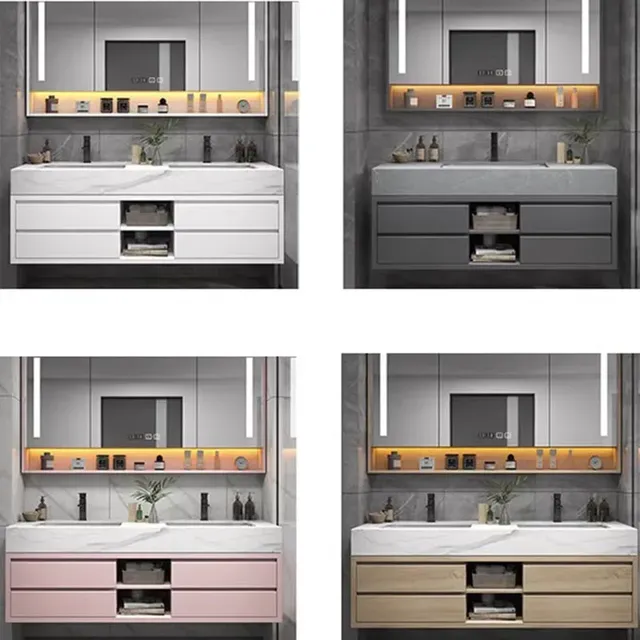Meuble salle bain suspendu double vasque marbre gris… – vue 6