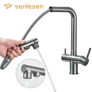 Évier de cuisine filtré avec nervures, pulvérisateur vers le bas, 2 poignées, 3 en 1, filtre à eau, supporter ficateur, robinet d&rsquo;eau potable