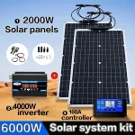 Kit solaire tout-en-un 2000 W : sortie 110 V/220 V, chargeur 12 V et système de panneaux solaires flexibles avec onduleur 4000 W 6000 W pour la maison/Camping