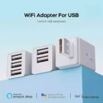 Adaptateur WiFi USB compact blanc mat coins arrondis trois ports empilés témoin LED bleu fiche rétractable mural contrôle indépendant domotique