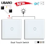 UBARO Eu/UK 86*86mm 1Gang 2Way double interrupteur tactile panneau en verre trempé interrupteur d&rsquo;escalier chambre capteur commutateurs croix pas besoin de WI-FI
