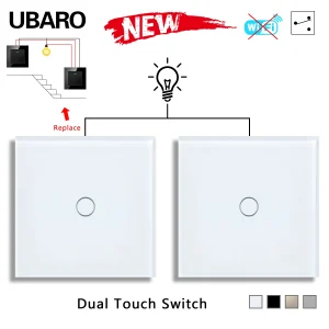 UBARO Eu/UK 86*86mm 1Gang 2Way double interrupteur tactile panneau en verre trempé interrupteur d&rsquo;escalier chambre capteur commutateurs croix pas besoin de WI-FI