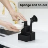 Distributeur de savon plat carré moderne avec porte-éponge et brosse, ensemble 3 en 1 pour évier de cuisine, organisateur de comptoir, noir mat