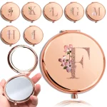 Miroir rond de maquillage grossissant Double face en métal, cosmétique, aspect Portable, verre, Compact, motif de lettres en or Rose