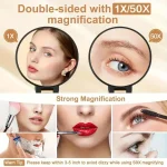 Miroir grossissant 50x avec grossissement double face 1X/50X – Miroir de maquillage portable avec 360 °   Poignée réglable, pliable