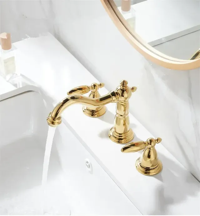 Robinet lavabo trois trous laiton doré poli mitigeur bec… – vue 3