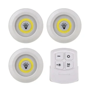 lot trois spots LED sans fil télécommande intensité variable piles AAA COB blanc chaud autocollants vis installation minuterie trente minutes