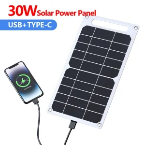 Panneau solaire 30W USB Type-C, étanche, pour randonnée en plein air, camping, batterie portable, banque de charge de téléphone portable, 6.8V