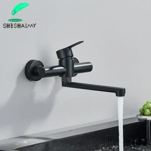 Robinets de cuisine muraux en acier inoxydable, double trou, salle de bains, robinet de lavabo rotatif à 360 degrés, robinets mélangeurs d&rsquo;évier d&rsquo;eau froide et chaude