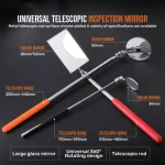 Miroir télescopique inspection inoxydable rotatif 360 articulations réglables têtes rondes 30mm 50mm carrée 85x52mm poignée antidérapante orange extensible