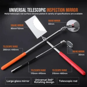 Miroir télescopique inspection inoxydable rotatif 360 articulations réglables têtes rondes 30mm 50mm carrée 85x52mm poignée antidérapante orange extensible