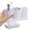 ensemble accessoires triple distributeur savon liquide porte brosses dents compartimenté porte savon compact blanc rainuré plastique pompe chromée plateau amovible ensemble accessoires triple distributeur savon liquide porte brosses dents compartimenté porte savon compact blanc rainuré plastique pompe chromée plateau amovible
