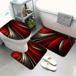 Ensemble de salle de bain rouge abstrait moderne, tapis de contour doux et antidérapant, housse de toilette et tapis de baignoire pour une décoration de maison élégante