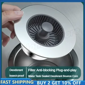 Filtre d&rsquo;évier de cuisine 3 en 1 Pop Up ABS plaqué argent, panier de vidange, noyau rebondissant, bouchon anti-fuite