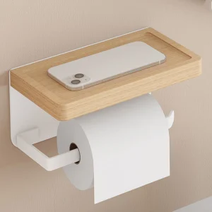 Porte-papier mural en aluminium blanc avec étagère, rouleau de papier toilette créatif en bois, rangement T1, porte-mouchoirs pour HOWC Porte-papier mural en aluminium blanc avec étagère, rouleau de papier toilette créatif en bois, rangement T1, porte-mouchoirs pour HOWC