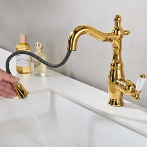 Robinet de lavabo en cuivre Vintage, salle de bains, comptoir de salle de bains domestique, robinet extractible pivotant chaud et froid anti-éclaboussures