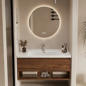 meuble vasque mural suspendu bois noyer marron tiroir niche rangement miroir rond LED rétroéclairé tactile scandinave minimaliste céramique intégrée