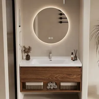 Meuble vasque mural suspendu bois noyer marron tiroir niche rangement…