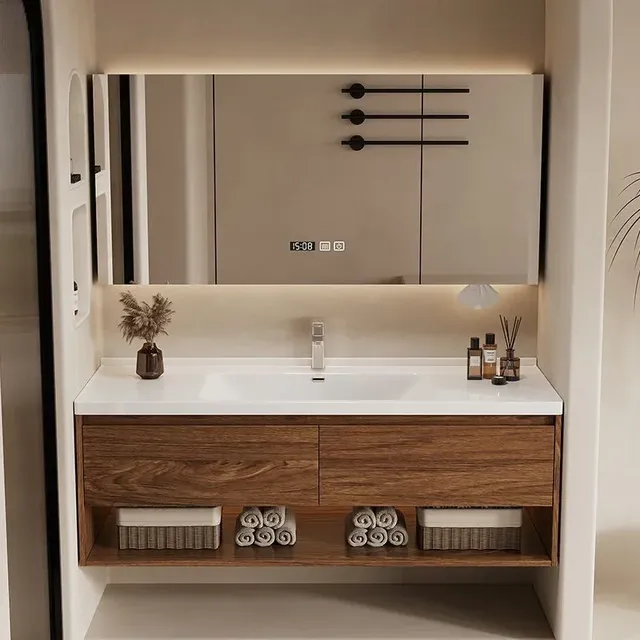 Meuble vasque mural suspendu bois noyer marron tiroir… – vue 2