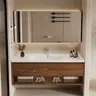 Meuble vasque mural suspendu bois noyer marron tiroir… – vue 2