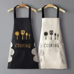 tablier imperméable résistant huile cuisine ménage unisexe long coton épais larges bretelles poche frontale pratique noir beige imprimé