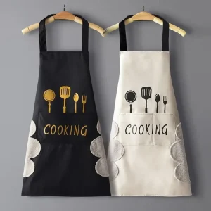 tablier imperméable résistant huile cuisine ménage unisexe long coton épais larges bretelles poche frontale pratique noir beige imprimé