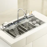 Cascade grand évier de cuisine en acier inoxydable à fente unique avec robinet d&rsquo;affichage numérique Intelligent lavabo de légumes