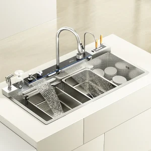 Cascade grand évier de cuisine en acier inoxydable à fente unique avec robinet d&rsquo;affichage numérique Intelligent lavabo de légumes