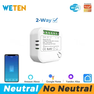 Module de commutation WiFi Tuya sans neutre, contrôle bidirectionnel, application Smart Life, interrupteur pour maison intelligente, Mini interrupteur, fonctionne pour Alexa Google Home