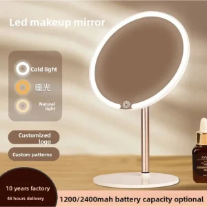 Miroir de maquillage rond LED, miroir de bureau avec métal léger, petit cadeau, vente en gros, nouveauté 2026