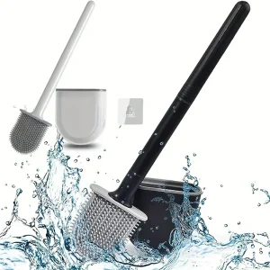 Brosse de toilette en Silicone, brosse de nettoyage à tête plate, Flexible, mural, noir, nettoyeur de cuvette de toilette, ensemble de porte-brosse pour WC salle de bains