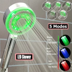 Pommeau de douche coloré, contrôle de la température, 5 Modes, buse de pulvérisation LED réglable, changement de couleur 3/7, douche haute pression à grand débit Pommeau de douche coloré, contrôle de la température, 5 Modes, buse de pulvérisation LED réglable, changement de couleur 3/7, douche haute pression à grand débit