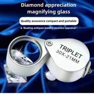 loupe bijoutier pliable triplet 30x 21mm gemmologie diamant inspection bijoux monture métallique argentée charnière anneau lentille achromatique verre