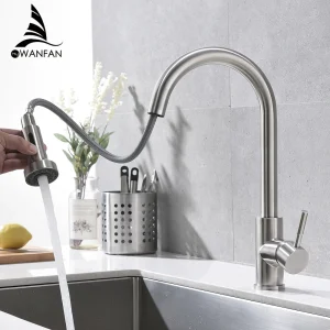 Robinet de cuisine Surface en acier inoxydable, robinet d&rsquo;eau chaude et froide, robinet d&rsquo;évier de cuisine, robinet de cuisine extractible à trou unique