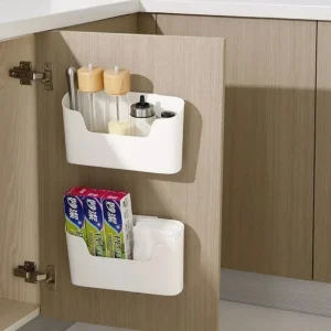 Support de rangement adhésif mural de cuisine, boîte de rangement multifonctionnelle pour porte d’armoire sous évier, étagère à tiroir, organisateur de salle de bains Support de rangement adhésif mural de cuisine, boîte de rangement multifonctionnelle pour porte d’armoire sous évier, étagère à tiroir, organisateur de salle de bains