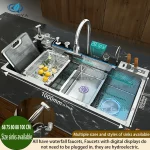 Évier de cuisine en acier inoxydable, cascade à affichage numérique multifonctionnel, grande fente unique avec support pour couteau, lavabo à vaisselle
