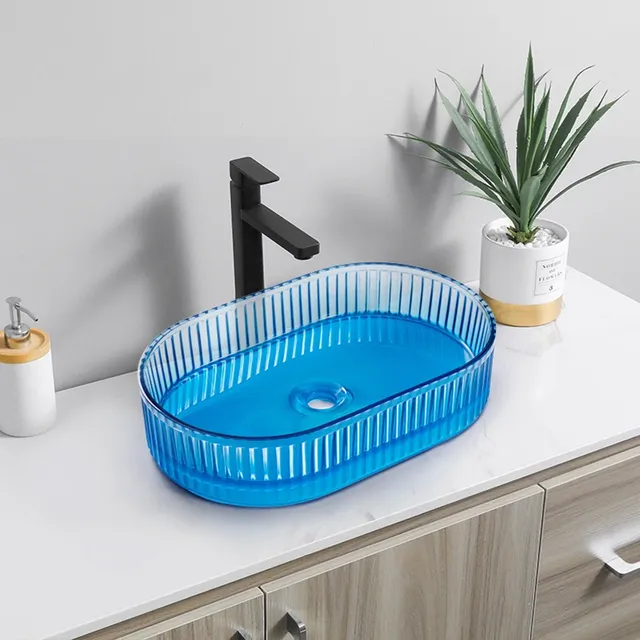 Lavabo posé ovale translucide bleu acrylique strié… – vue 6